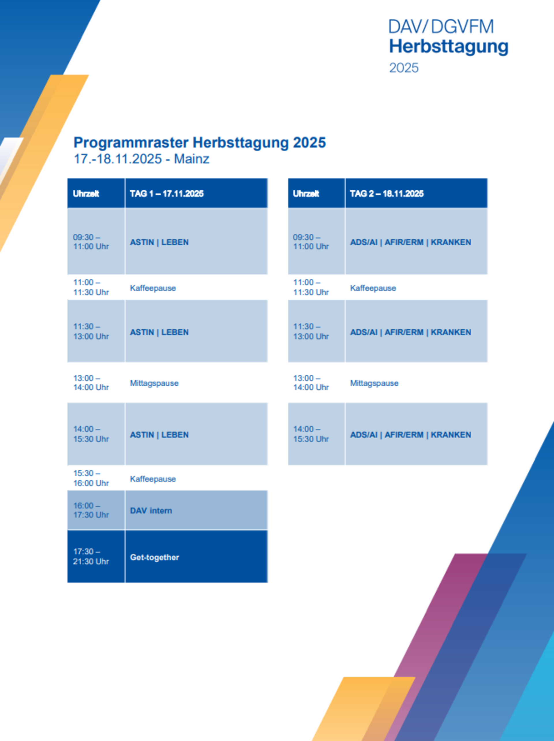Bild des Programmrasters der DAV/DGVFM Herbsttagung 2025
